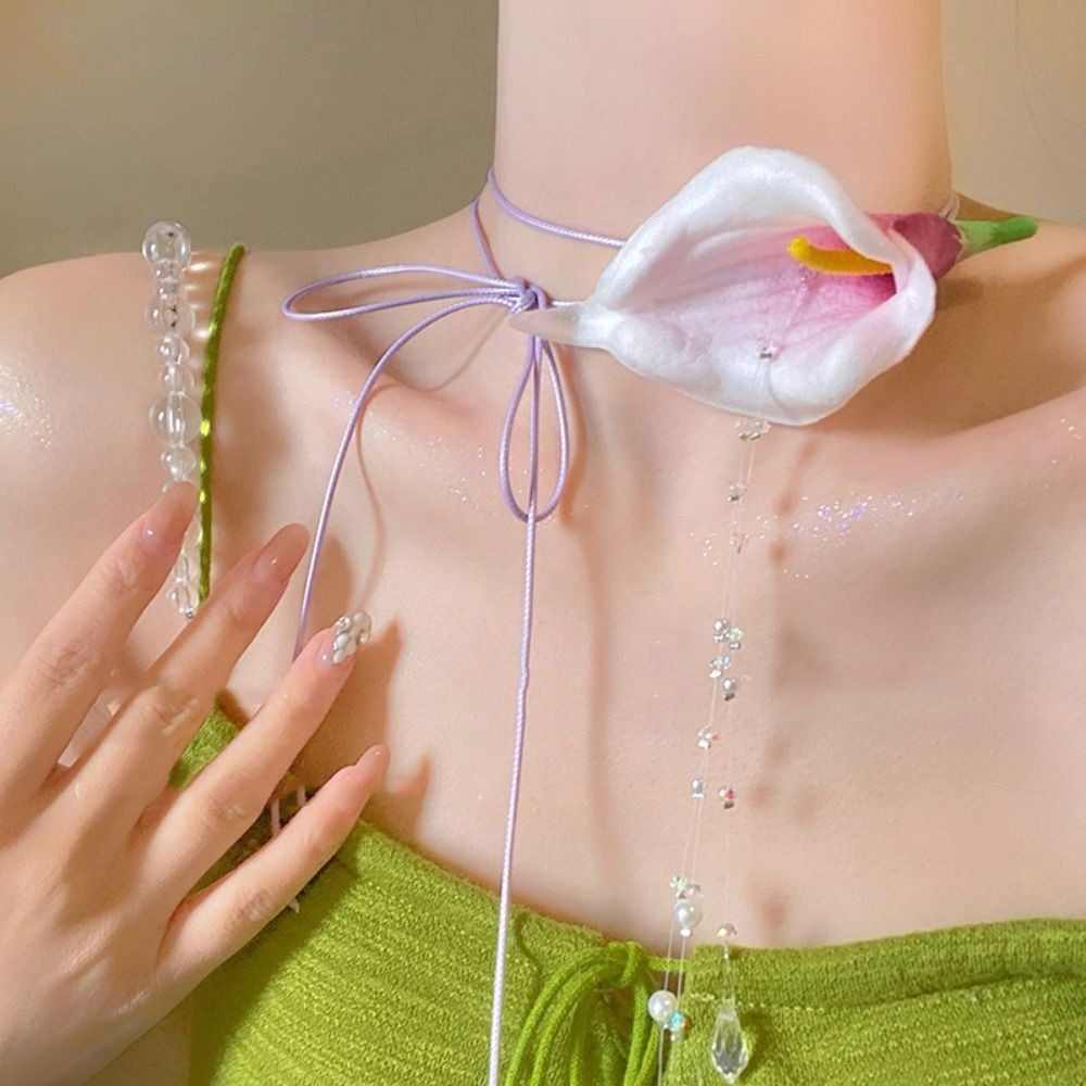 Pearl Choker Necklace Vintage - Mode overdreven calla lelie kralen hanger